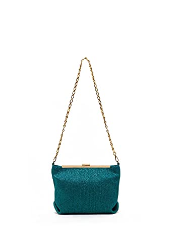 NALì La borsa glitterata verde grandezza piccola è capiente grazie alla silhouette morbida. La barra rigida oro che fa da chiusura a scatto definisce con la tracolla a catena il suo design.