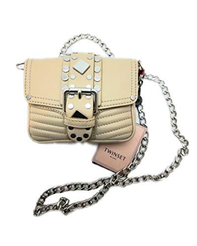 Twinset tracolla in pelle beige con borchie e catena color argento