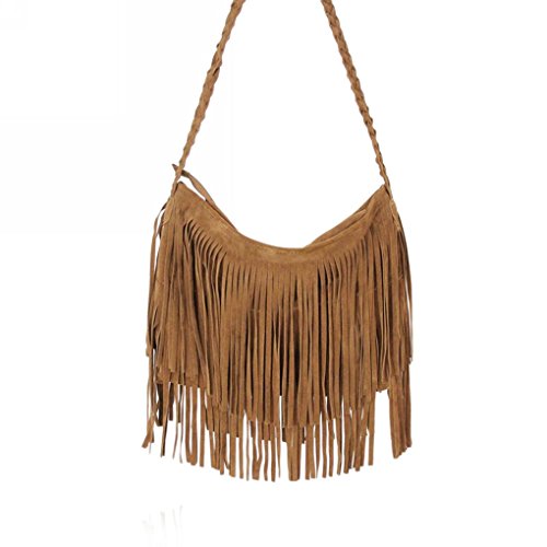 BXT - Borsa a tracolla con frange, in velluto e cuoio, elegante, stile...