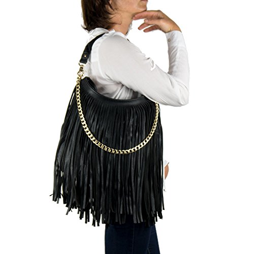 Emila Borsa nera con frange a spalla da donna ragazza passeggio con...
