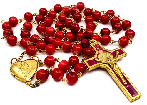 Nazareth Store Collana con rosario di perle di corallo rosso Cattolico...