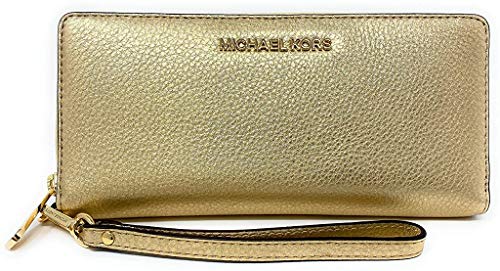 Michael Kors Jet Set Travel Continental Zip Around Leather Wallet Wristlet (Pale Gold)