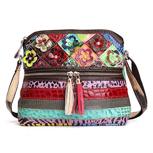 OB OURBAG Borsa a Tracolla a Fiori Multicolore in Vera Pelle Con...